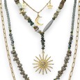 Collier fantaisie doré pierres grise breloque soleil