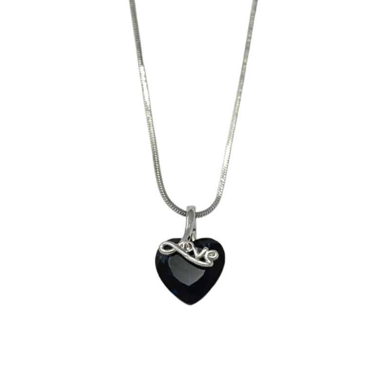 Collier fantaisie argenté coeur relief pierre noire LOVE