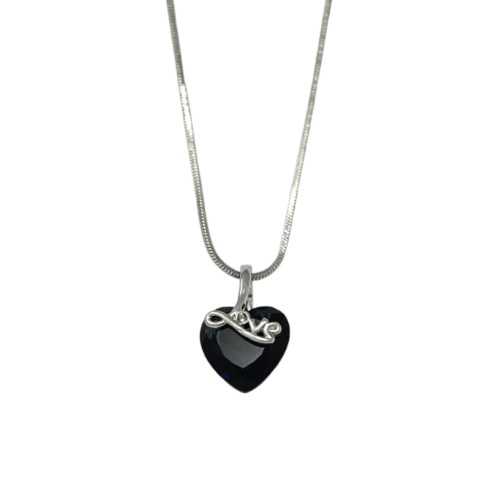 Collier fantaisie argenté coeur relief pierre noire LOVE