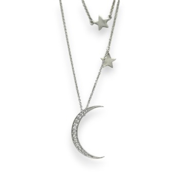 Collier fantaisie argenté 2 rangés étoiles et lune