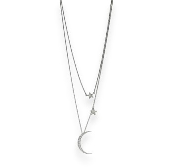 Collier fantaisie argenté 2 rangés étoiles et lune