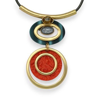 Collier fantaisie double médaillon géométrie orange et bleu