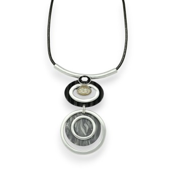 Collier fantaisie double médaillon géométrie noir et gris