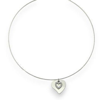 Collier fantaisie ras de cou argenté coeur double