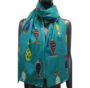 Foulard femme motif poisson bleu canard