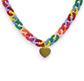 Collier fantaisie chaine plastique multicolore coeur doré