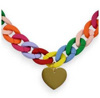 Collier fantaisie chaine plastique multicolore coeur doré