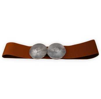 Ceinture élastique femme marron boucle métal argenté vieilli relief