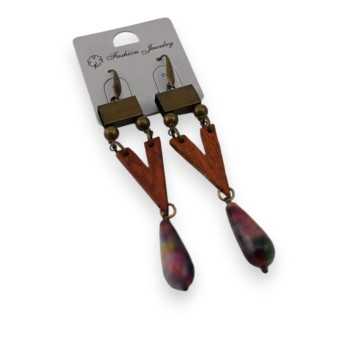 Boucle d'oreille pendante bois métal ethnique