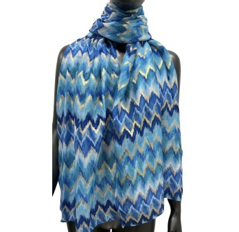 Foulard motif géométrique nuance bleu orné de doré