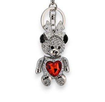 Porte-clés argenté nounours fille coeur rouge