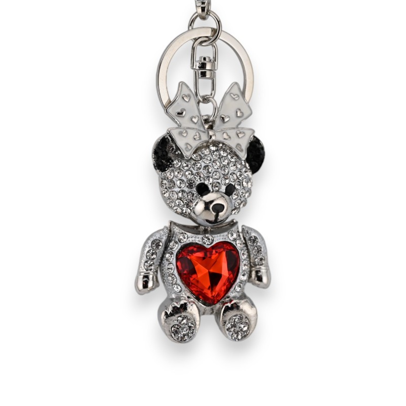 Porte-clés argenté nounours fille coeur rouge