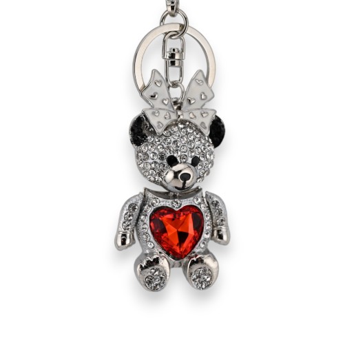 Porte-clés argenté nounours fille coeur rouge