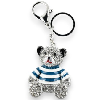 Porte-clés argenté nounours maillot rayé bleu canard