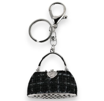 Porte-clés argenté sac à main tissu noir et gris relief