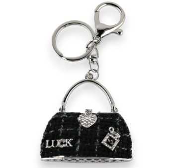 Porte-clés argenté sac à main tissu noir et gris relief