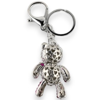 Porte-clés argenté nounours blanc et fuchsia strass