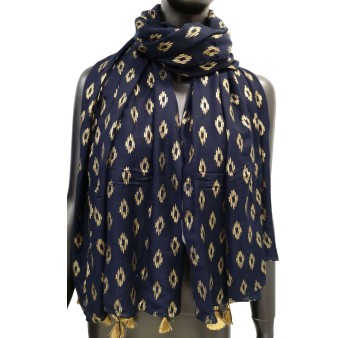 Foulard bleu marine et or avec pompons dorés