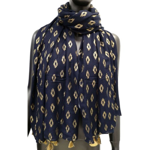 Foulard bleu marine et or avec pompons dorés