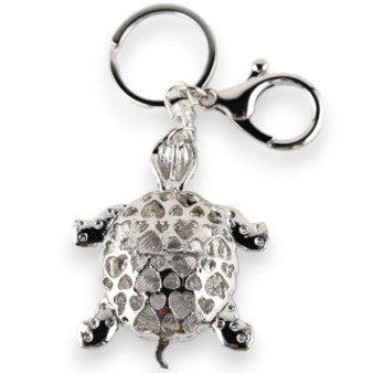 Porte-clés argenté tortue strass noir et blanc