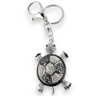 Porte-clés argenté tortue strass noir et blanc