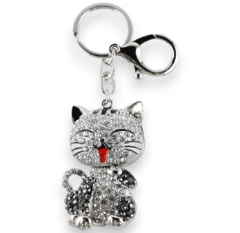 Porte-clés argenté chat strass assis
