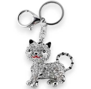 Porte-clés argenté chat strass tigré noir