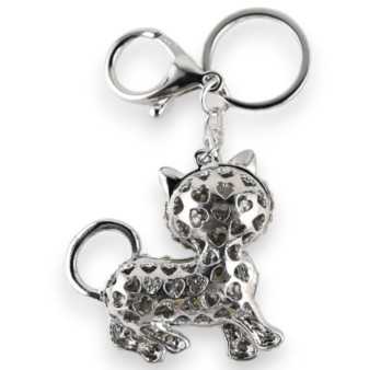 Porte-clés argenté chat strass tigré noir