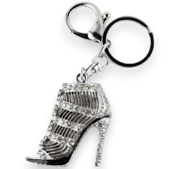 Porte-clés argenté chaussure à talon fleurs et strass