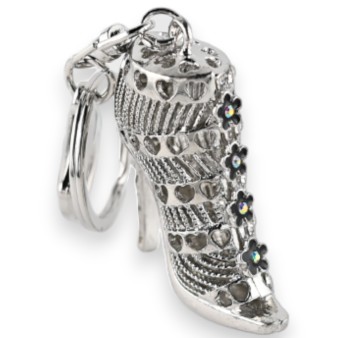Porte-clés argenté chaussure à talon fleurs et strass