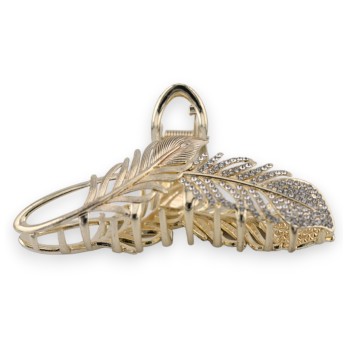 Pince à cheveux dorée feuilles strass blanc