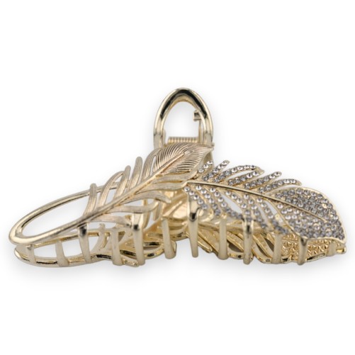 Pince à cheveux dorée feuilles strass blanc