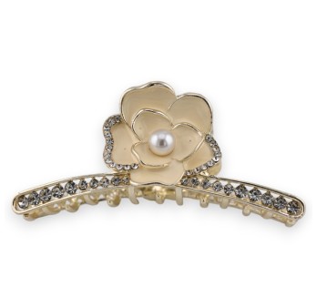 Pince à cheveux doré fleurs beige et strass