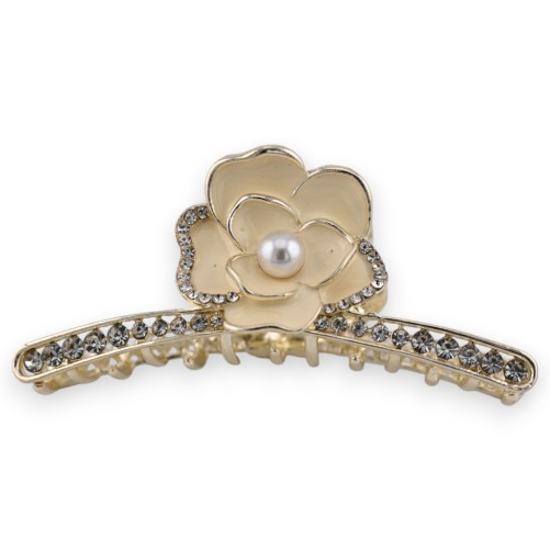 Pince à cheveux doré fleurs beige et strass