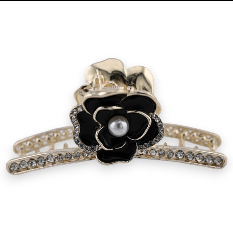 Pince à cheveux doré rose noire et strass