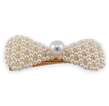Pince à cheveux dorée noeud perles écru
