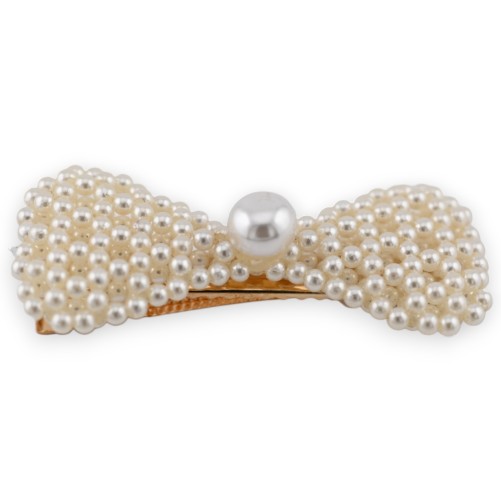 Pince à cheveux dorée noeud perles écru