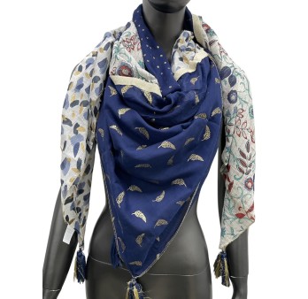 Foulard 4 faces bleu et moutarde