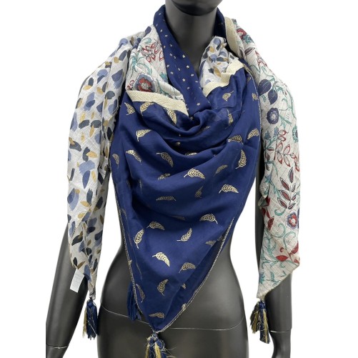 Foulard 4 faces bleu et moutarde