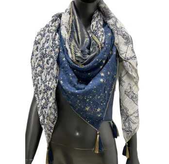 Foulard 4 faces étoiles nuances bleu
