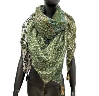 Foulard 4 faces motif éventail nuance kaki
