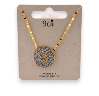 Collier acier doré médaillon strass et étoile ajourée