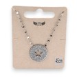 Collier acier argenté médaillon strass et étoile ajourée