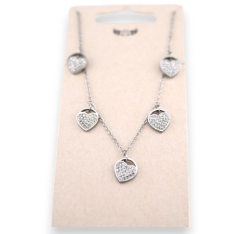 Collier acier argenté 5 médaillons coeur brillant