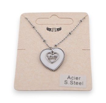 Collier acier argenté médaillon double coeur nacre LOVE