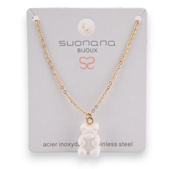 Collier acier nounours bonbon blanc opaque