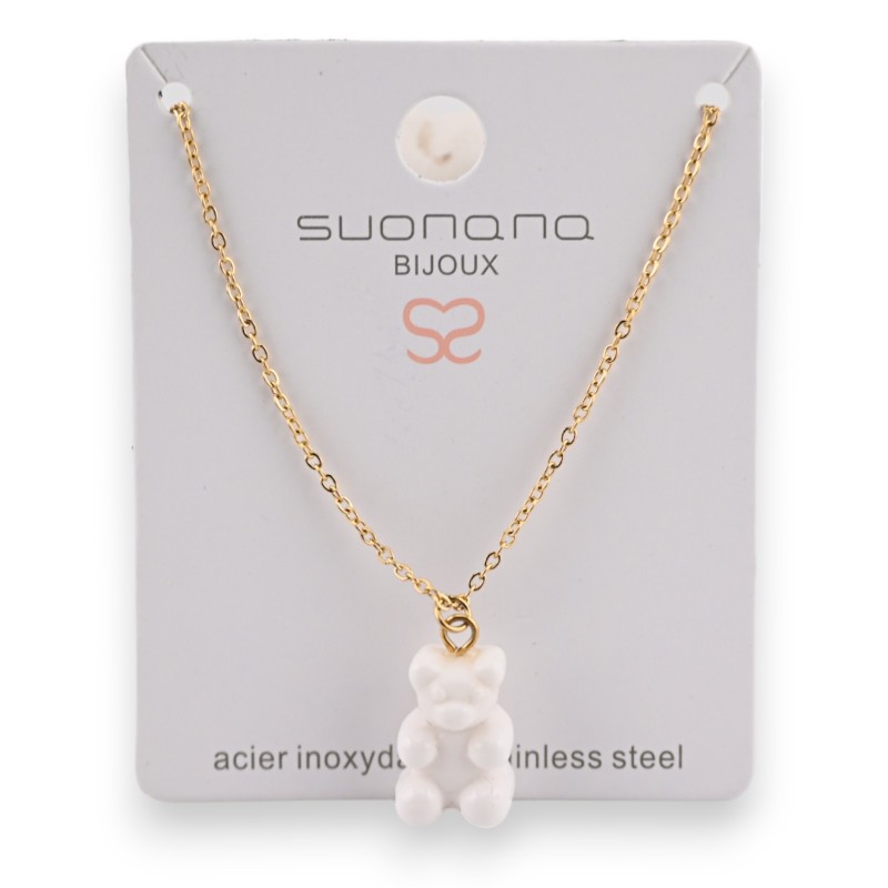 Collier acier nounours bonbon blanc opaque
