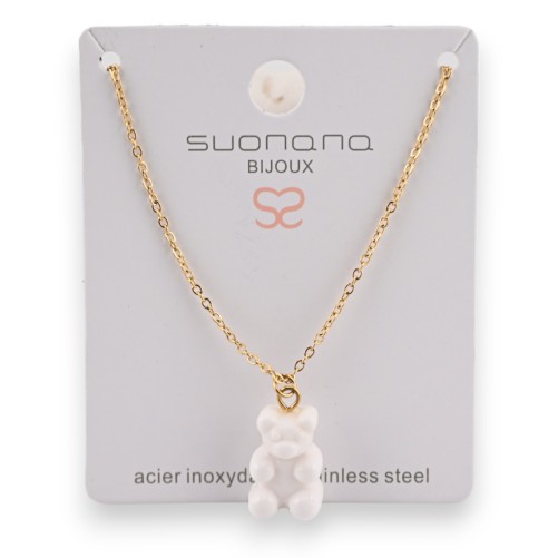 Collier acier nounours bonbon blanc opaque
