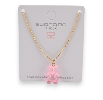 Collier acier nounours bonbon rose translucide