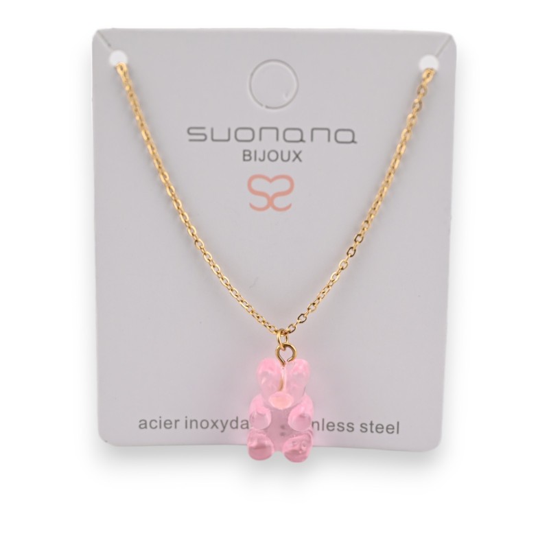 Collier acier nounours bonbon rose translucide